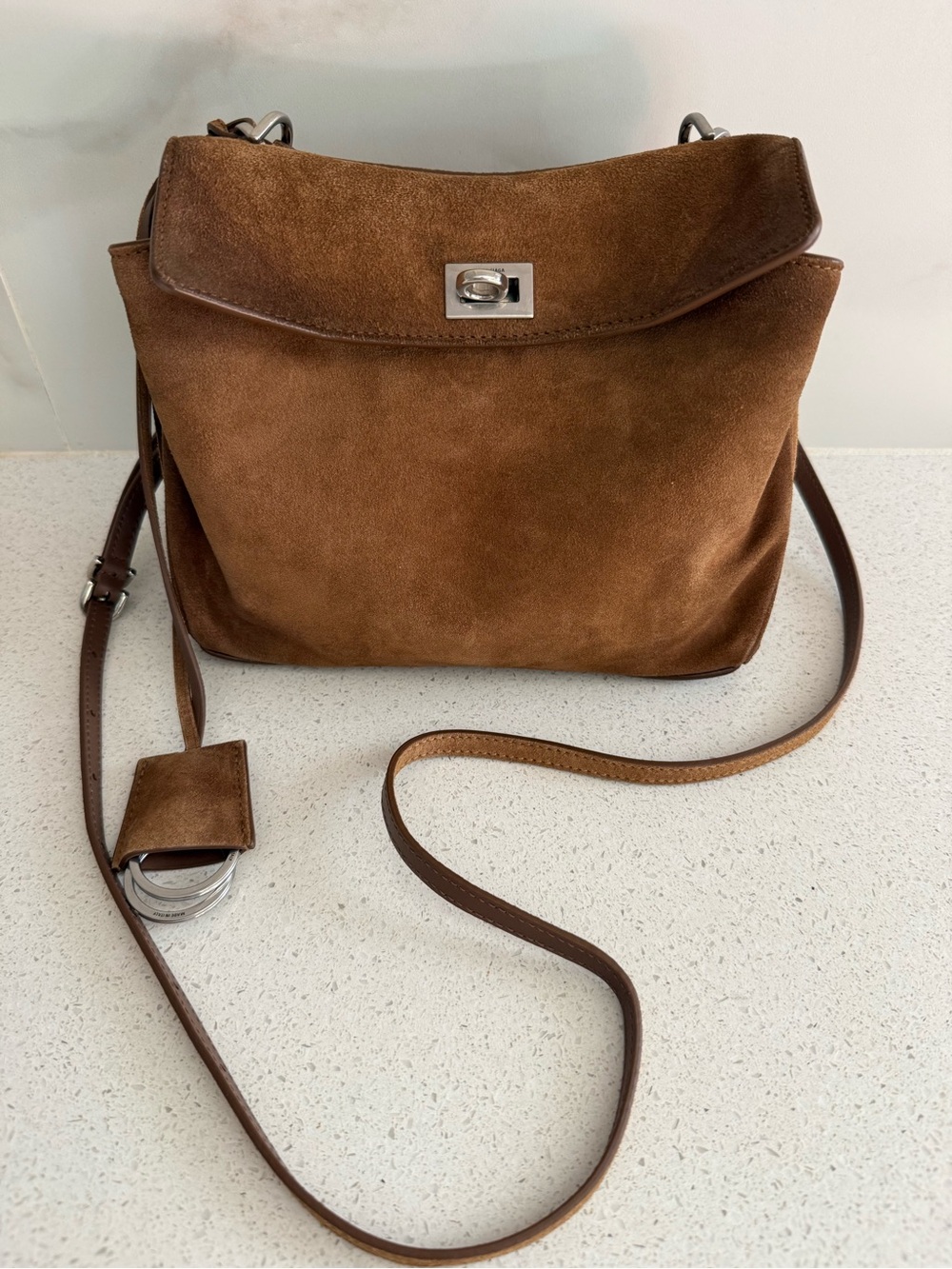 Balenciaga Mini Rodeo Handbag Waxed Suede Crossbody/Top Handle Camel